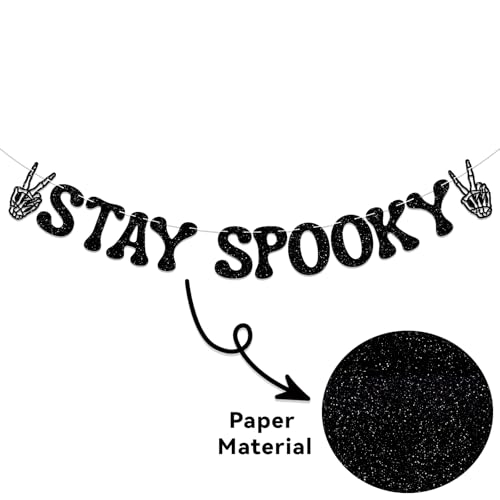 Halloween Banner Stay Spooky Skeleton Peace Sign Glitter Decor - Black