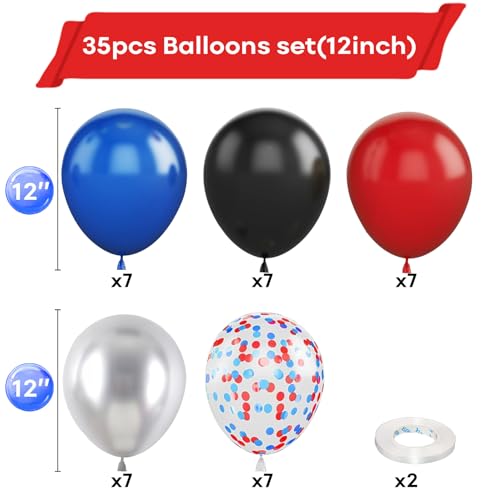Balloon Set - Red Blue Black 12 Inch Latex Party Balloons with Ribbons - Variation of Black Red Blue