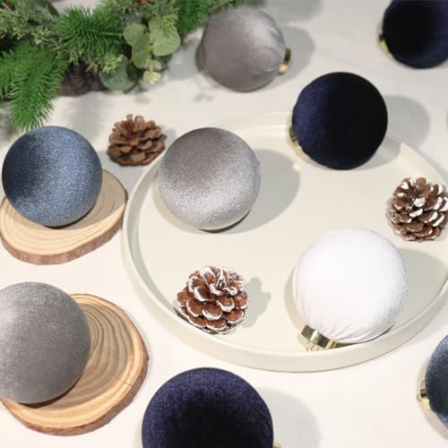 Velvet Christmas Ornaments Set - 12pcs 80mm Light Blue White Dark Blue Gray