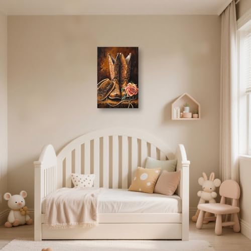 Brown Cowboy Boot Wall Art Canvas - Rustic Farmhouse Bedroom Decor 18"L x 12"W
