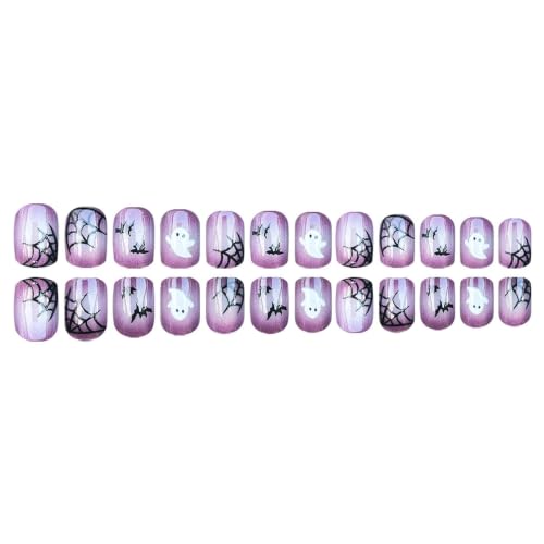 Halloween Short Square Fake Nails with Ghost Spider Web Bat Designs - 24Pcs Press-On Nails for Women