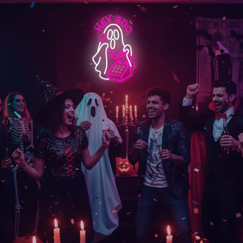 Hey Boo Halloween Neon Sign for Wall Decor Pink Ghost Dimmable USB LED