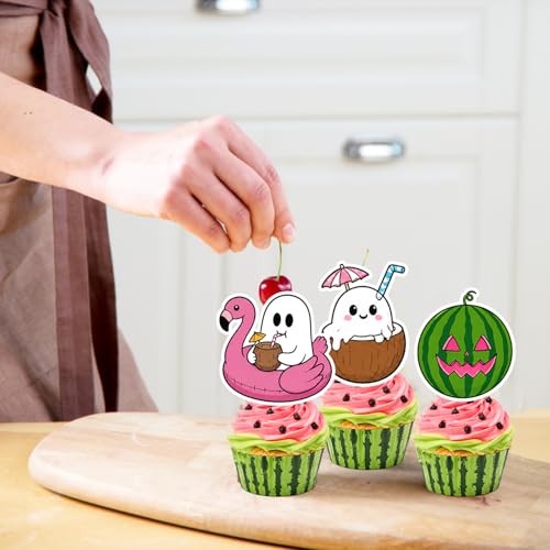 Summer Halloween Cupcake Toppers Set - 24 Assorted Beach & Ghost Designs for Birthday & Party Decor