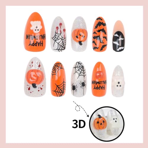Halloween Press On Nails with 3D Pumpkin Glitter Spider Web Bat Design - Medium Almond Fake Nails, 24 Pieces