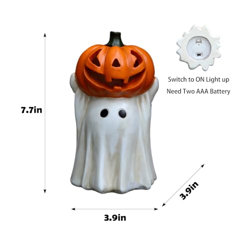 Halloween Ghost Decoration with Light-Up Jack-o'-Lantern Head - 7.7in White Ghost with Mini Pumpkin & LED Lights, Indoor & Outdoor Festive Decor - Variation of 7.7in Jack-o'-Lantern Head