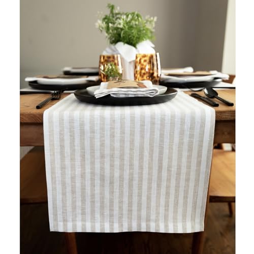 Natural & White Linen Table Runner - 14 x 132 Inch - Handcrafted European Flax