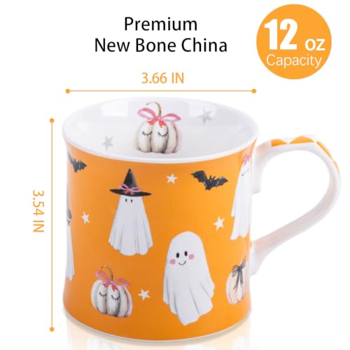 Halloween Ghost Coffee Mug - Modern Orange Ceramic Cup with Pumpkins Bats & Witch Hat - Spooky-Cute Gift