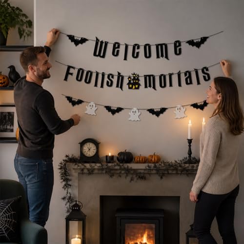 Halloween Welcome Foolish Mortals Banner - Haunted House Party Decor