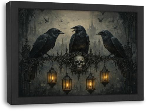 Crow Wall Art Canvas - Gothic Crow Framed Artwork for Living Room & Bedroom - 16x12 Inches