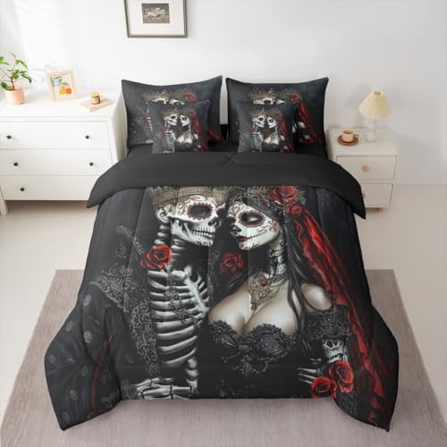 Black Red Queen Comforter Set with Sheets - Gothic Skeleton Bedding 7-Piece