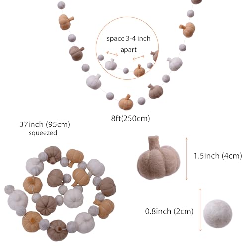 Beige Felt Ball Pumpkin Garland Halloween Fall Decor - Hand-Felted Wool, Easy Hang