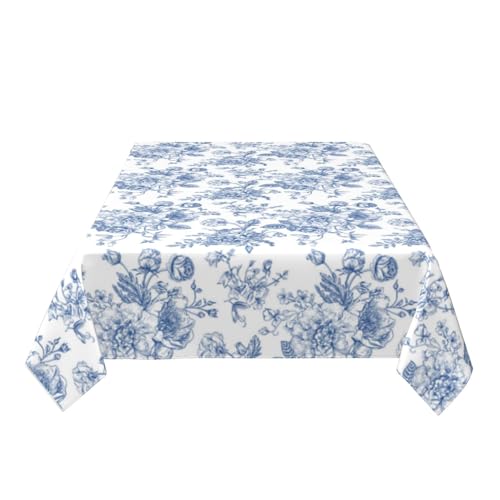 Blue Floral Square Tablecloth 60x104 Inch - Chinoiserie Flower Toile Polyester - Blue & White Decor for Parties and Kitchen