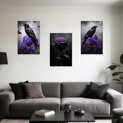 Purple Gothic Canvas Wall Art Set of 3 Crow and Rose Prints 11x14 Framed Halloween Decor