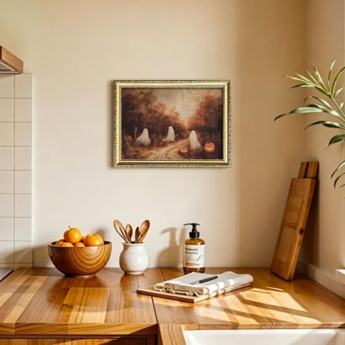 Autumn Ghost Framed Wall Art - 16x12in Halloween Pumpkin Canvas Print, Fall Farmhouse Decor