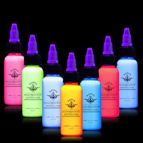 Fluorescent Tattoo Ink Set - 7 Colors UV Glow in The Dark 1 Fl Oz - Blacklight Body Art Kit