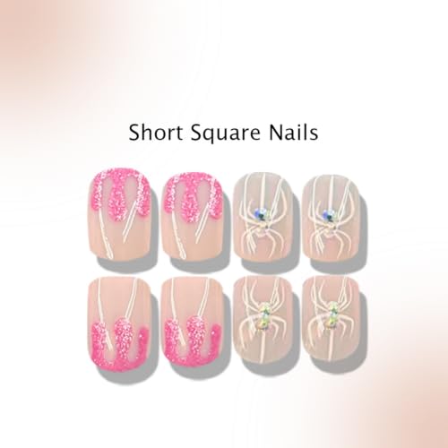 OCOUYVD Halloween Short Square Press On Nails with Heart Spider Web Rhinestones - Variation 2794