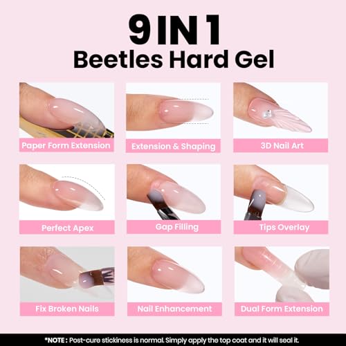 Beetles Hard Gel Kit-3 Colors 9 in 1 Nail Extension Sculpting Building Apex High Hardness for Salon Professionals Tech Use,Nude Pink Clear Builder Nail Gel with Base&Top Coat,UV&LED Lamp Cured Needed