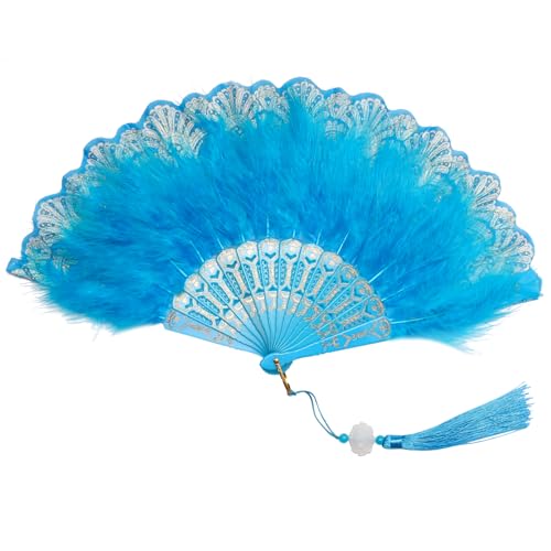 Foldable Feather Fan with Embroidered Flowers - Light Blue 1920s Style Handheld Fan for Costume & Wedding