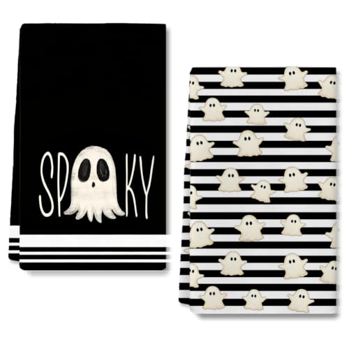 Ghost Striped Halloween Kitchen Towels - Spooky Decorative Dish Towels Set
