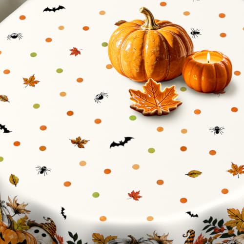 White Halloween Pumpkin Ghost Tablecloth - 84x60 Inch Oval Fall Decor