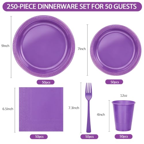 Purple Plastic Party Plates and Napkins Set for Birthday & Halloween - 50 Pack