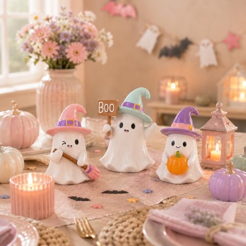 Pink Halloween Ghost Figurines Set of 3 with Pumpkins - Fall Decor