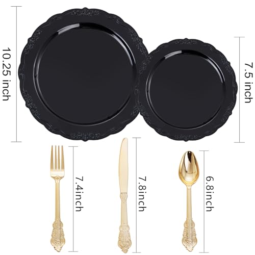 Black Plastic Dinnerware Set - 150Pcs Disposable Plates & Gold Cutlery for Party