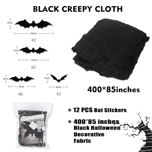 Large Black Halloween Creepy Cloth with Bat Decorations - 400 x 85 Inches