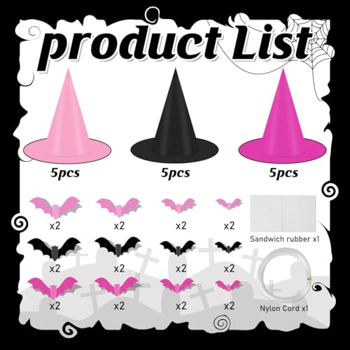 Halloween Witch Hats Set - Black and Pink Hanging Porch Yard Decor