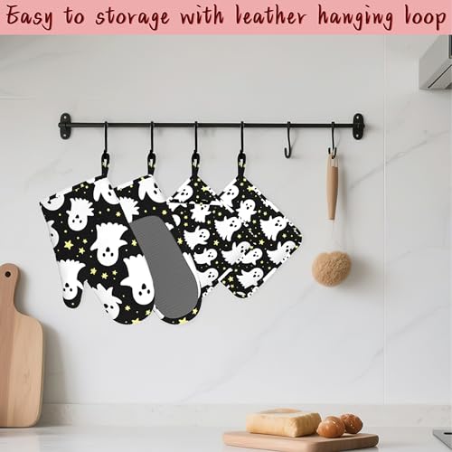 Halloween Ghosts Heat-Resistant Silicone Oven Mitts & Pot Holders Set - Long Non-Slip Kitchen Gloves