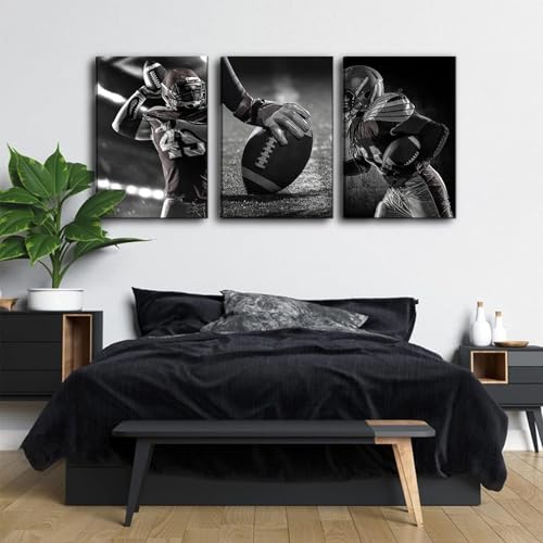 3Pcs Football Canvas Wall Art - Black and White Sports Decor, 16x12 Inches