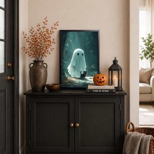 A-Little Devil Walking The Cat Framed Halloween Wall Art - 16x24 Inch