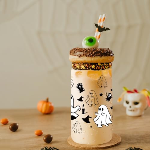 16oz Halloween Ghost Glass Cups with Lids & Straws - Cute Ghost Pattern, Gift Box Included