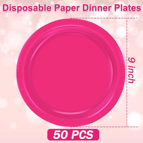 Pink Paper Plates 9 Inch - Fuchsia Disposable Tableware Set - Variation Cerise