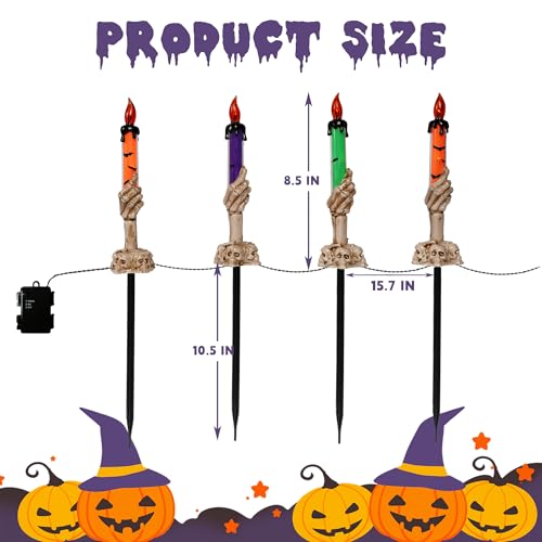 Halloween Skeleton Hand Lighted Candle Set - Purple, Orange, Green | 10 Pack Battery Operated Pathway Decor