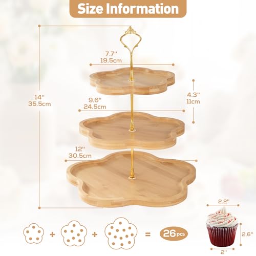 DUJUST 3-Tier Wooden Cupcake Stand Flower-Inspired Serving Tray - 3 Tier