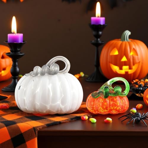 Orange Hand-Blown Glass Pumpkin Decor - 3.5 Inch Autumn Halloween Tabletop Figurine
