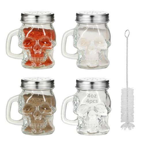 Clear 4-Piece 3D Skull Glass Spice Bottle Set with Stainless Steel Lid