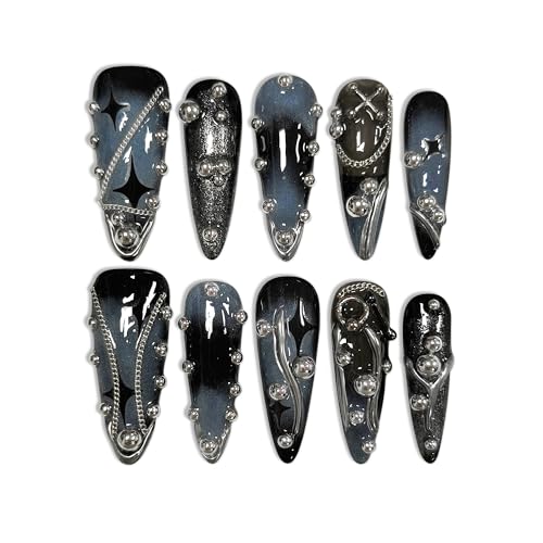 Long Stiletto Press-On Nails Black Blue Cross Studs 3D Gothic Punk - Variation 6074 / S