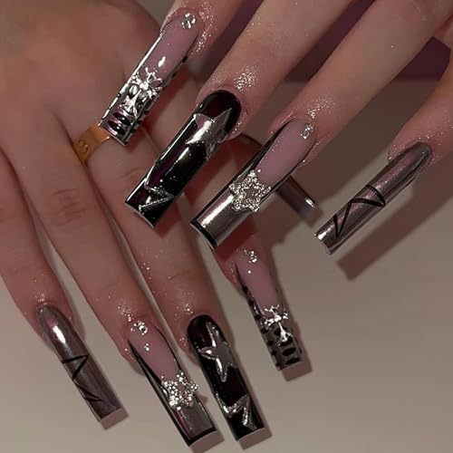 BABALAL Long Square Acrylic Press-On Nails with Silver Chrome & Star Cross Charm - Variation FNYA101