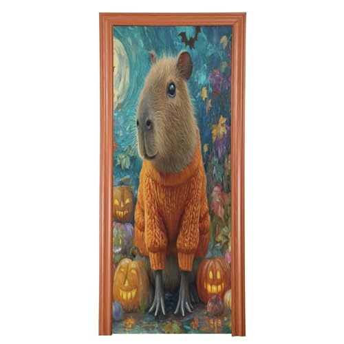 Halloween Door Cover Banner - Capybara Pumpkins Teal Door Decor for Indoor Outdoor Party