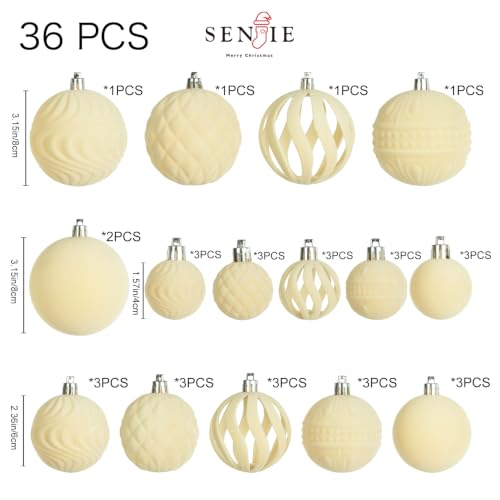 Beige Velvet Christmas Ornaments Set - 36 Pcs Flocked Holiday Tree Decor