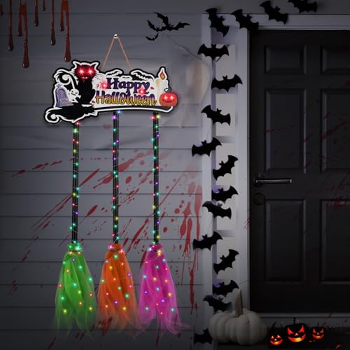 Halloween Light Up Sign with 3 Witches Brooms & Black Cat - Witch Variation A
