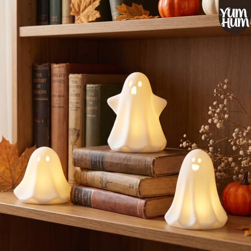 3-Pack Ceramic Ghost Halloween Decorations with Warm Amber LED Glow - Indoor Spooky Decor