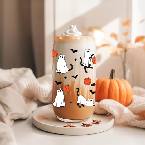 Halloween Ghost Cat Iced Coffee Cup with Lid & Straw - 16oz Spooky Party Mug