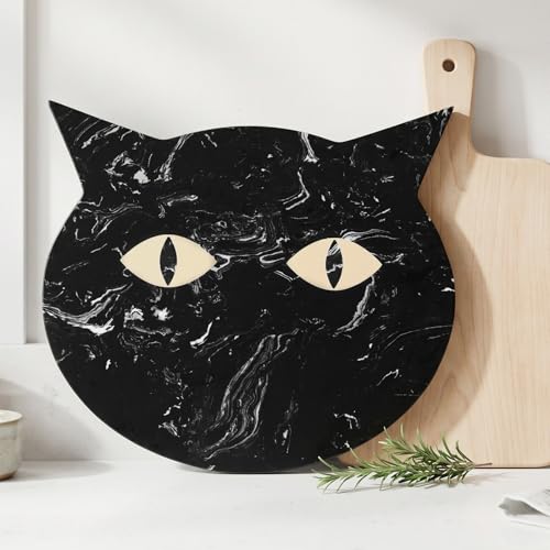 Halloween Cat Marble Cheese Board - Black 11x9.8 Inch Serving Tray with Variation Black/Cat