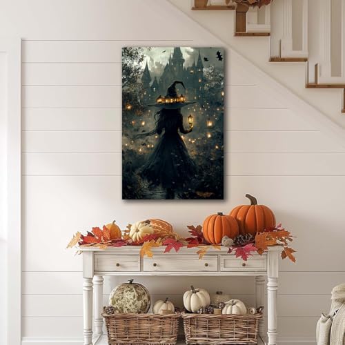 Halloween Witch and Haunted House Canvas Wall Art - Style 3 24x16 Inches Halloween Decor