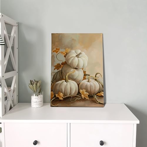 Fall Wall Art Decor Canvas Pumpkin 24x16 Inches with Frame - Harvest Thanksgiving Halloween