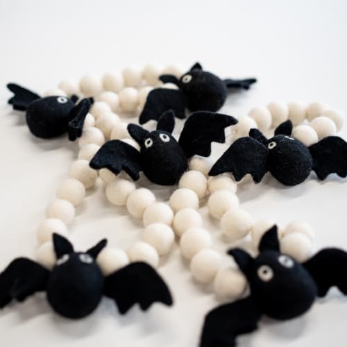 Halloween Felt Bat Garland - Black & White Party Decorations, 8 Bats with Wool Balls - Variation of Bat