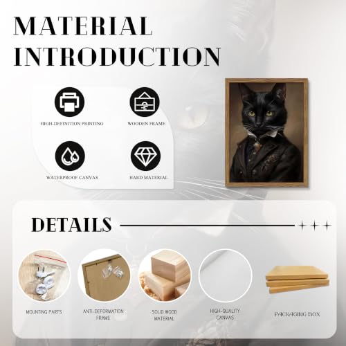 Black Cat Wall Art Canvas - Framed Gothic Bathroom Decor, 16x12 Inch, Halloween & Dark Academia Gift